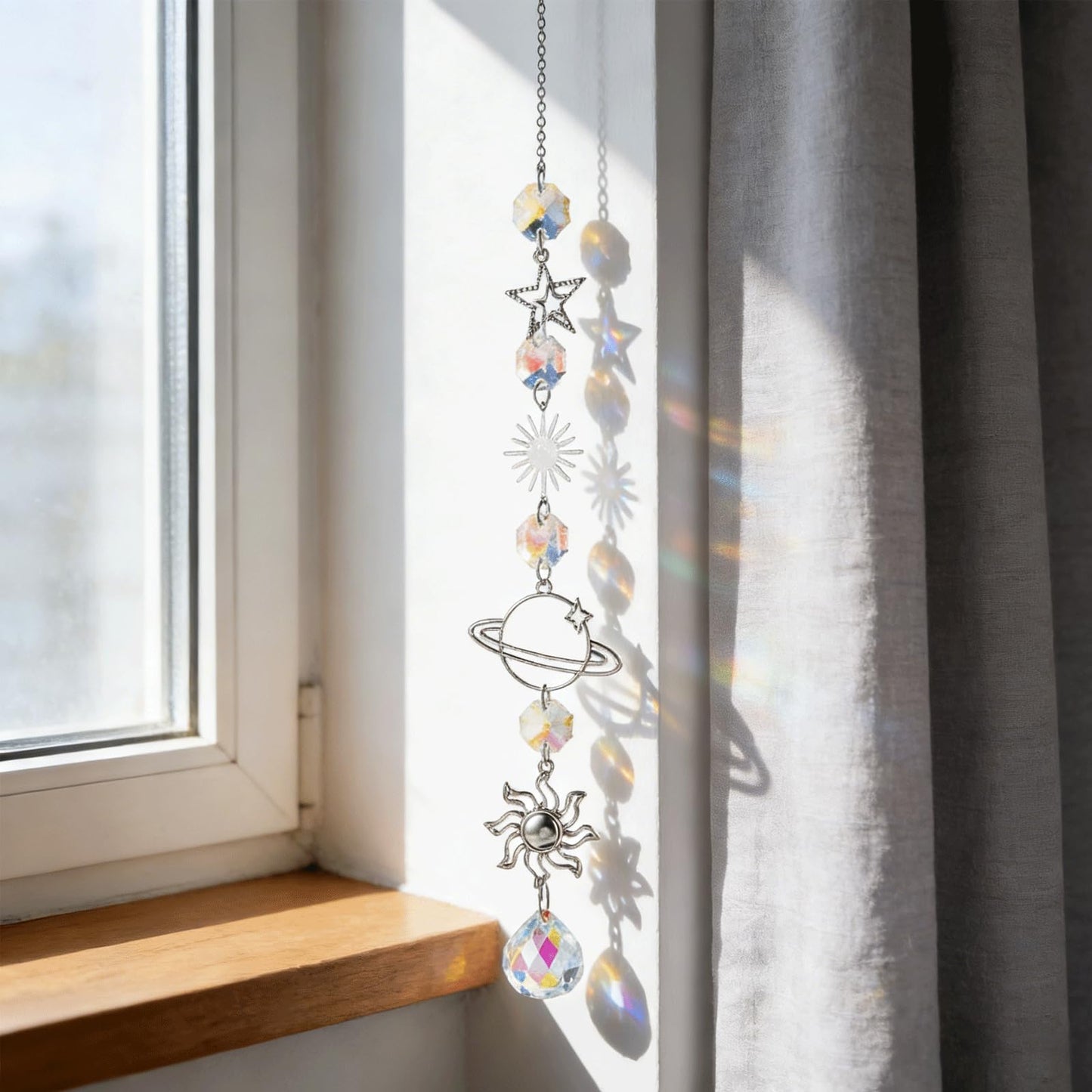 2PCS Moon & Star & Sun Rear View Mirror Car Charm, Crystal Sun Catchers Pendant, Healing Crystals Stones, 13.4in Moon Star Planet Boho Hanging Ornaments for Home & Car Decor