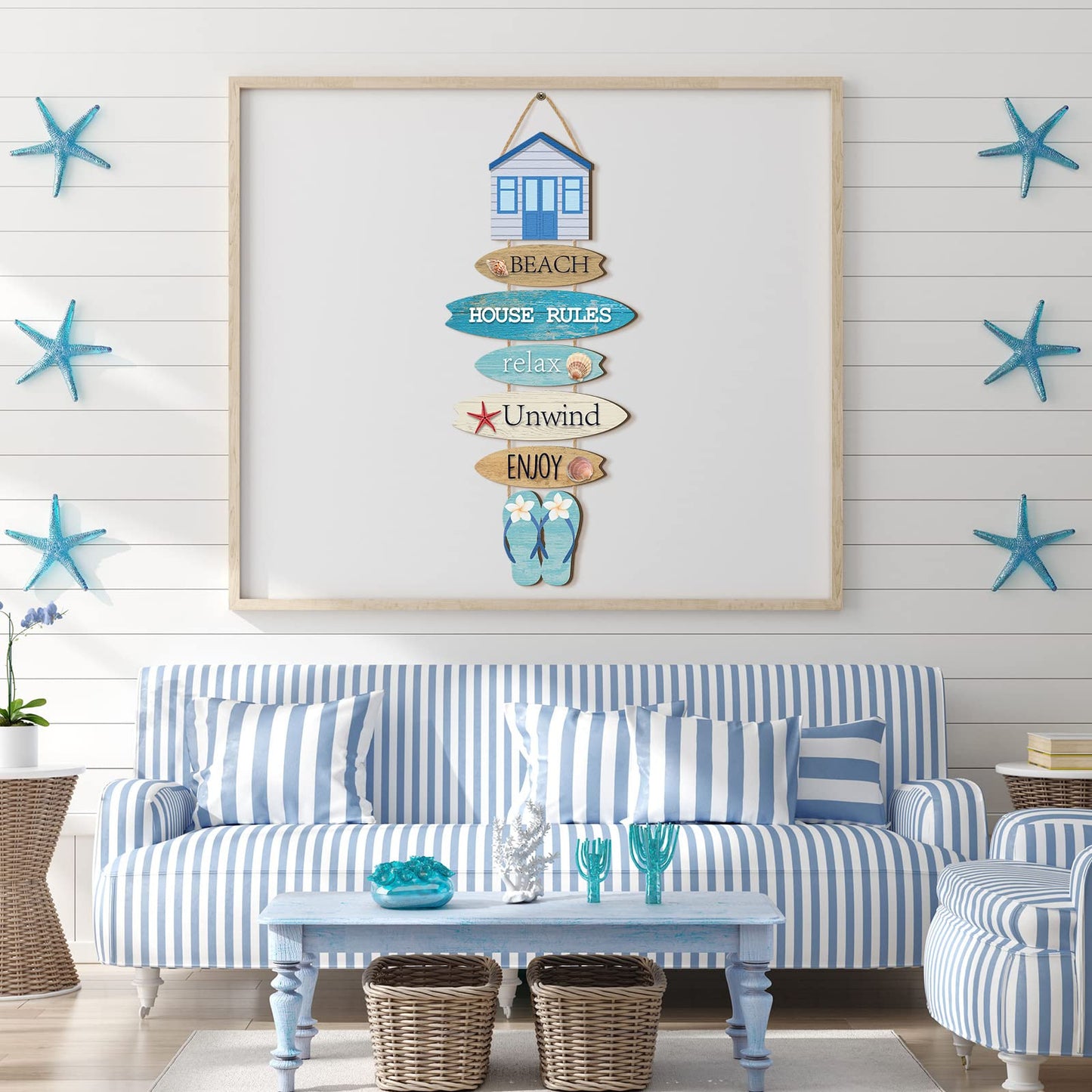 Kigley Beach Theme Wooden Wall Decor Summer Coastal Ocean Hanging Decor for Living Room, Bedroom, Bathroom Flip Flop Wood Sign with Starfish, Seashell, Coastal Wall Art for Home Office 25.2 x 9.4 Inch