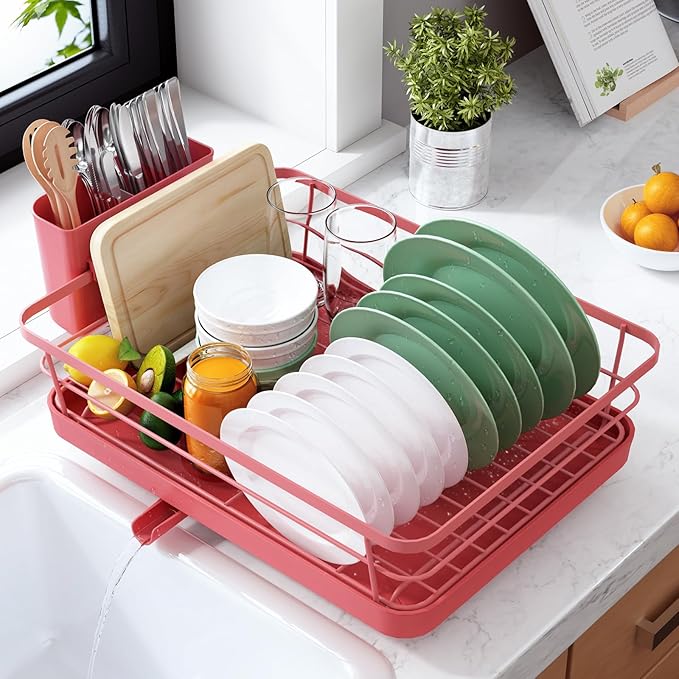 Kitsure Dish Drying Rack for Kitchen Counter, Stainless Steel Sink Organization and Storage Essentials with Cutlery Holder, Home and Appartment Decor, 12''W x 15.5''L, Red