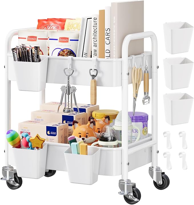 2 Tier Small Rolling Cart Metal with Wheels, White Under Desk Storage Cart on Wheels, Short Utility Roller Caddy Carts Organizer for Art,Craft,Pantry,Bathroom, Two Tiered Shelf Trolley, 22 Inches Tall
