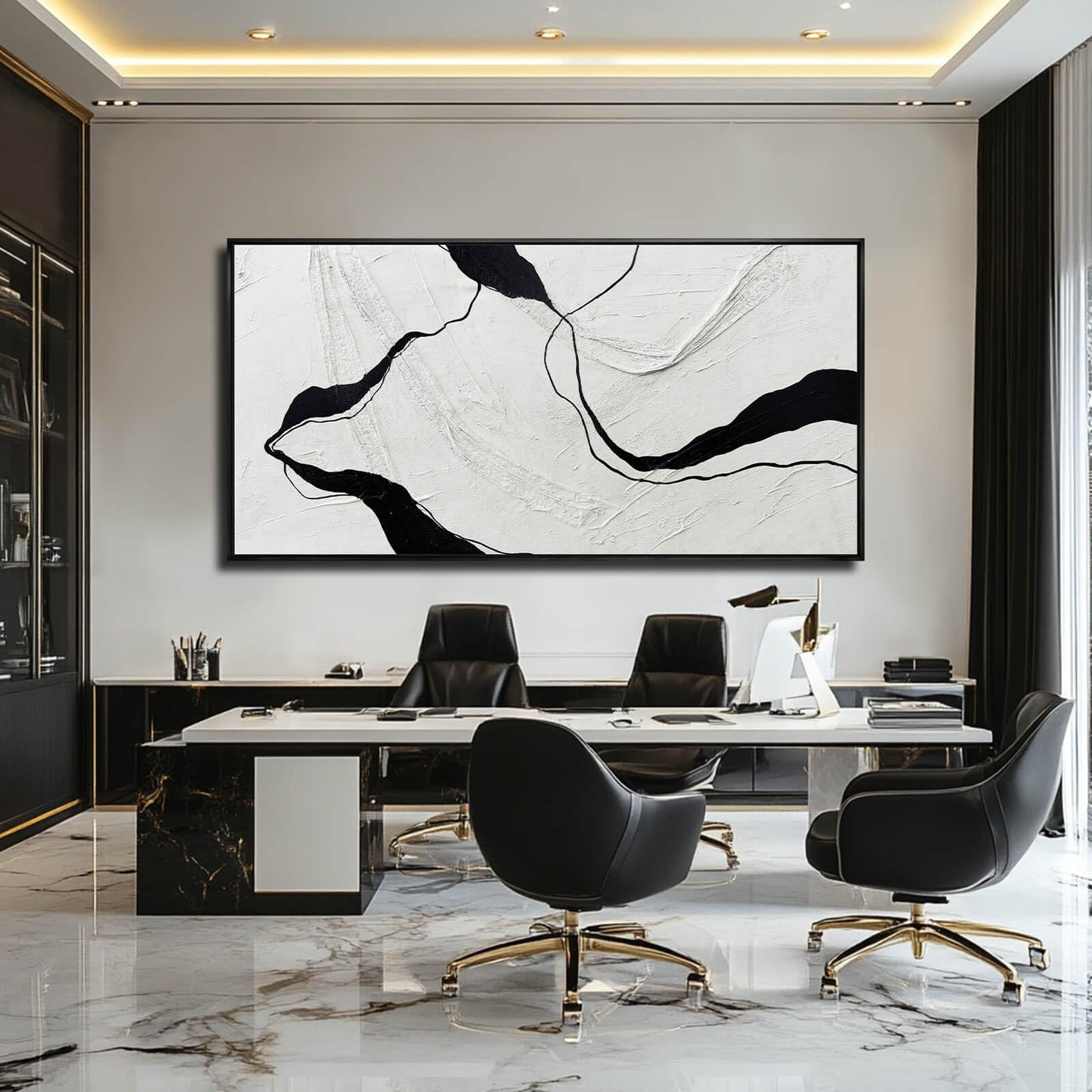 Large Framed Abstract Wall Art 29"x58" Black and White Contemporary Line Canvas Neutral Wall Decor for Modern Living Room Office Bedroom