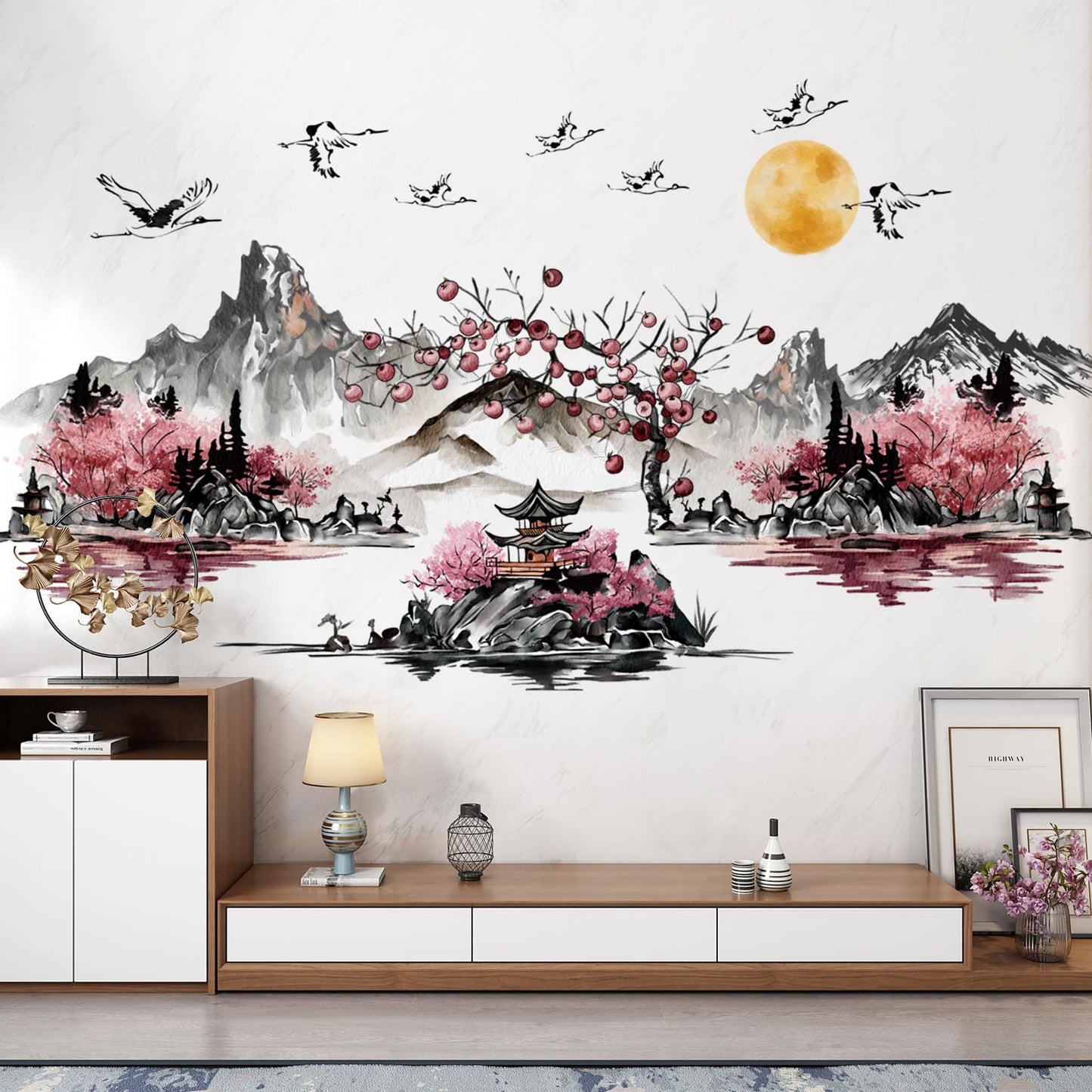DRWSSR 3 Sheets Removable Chinese Style Splash Ink Landscape Painting Wall Decal DIY Red Sun Flying Bird Pavilion Red Forest Art Mural for Living Room Bedroom TV Background Wall Home Decor
