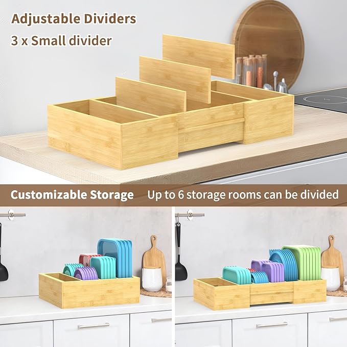 Retro Shaw Lid Organizer for Cabinet, Bamboo Expandable Kitchen Organizer with 3 Adjustable Dividers for Plastic Lids, Large Food Storage Container Lid Holder for Drawer, Countertop, Pantry