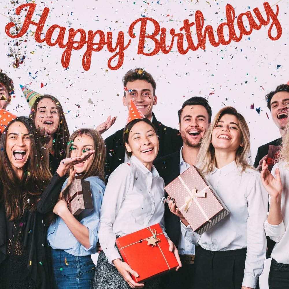 BEISHIDA Red Happy Birthday Banner - NO DIY,10Feet,Pre-Strung-Glitter Backdrop Happy Birthday Sign,Decorations for Women,Bday Party Decorations