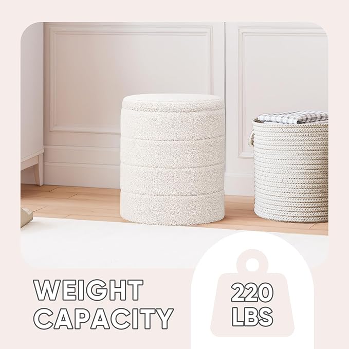 PINPLUS Round Storage Ottoman Foot Rest Stool with Tray Velvet Sherpa Folding Storage Ottoman,Boucle Foot Rest for Living Room, Bedroom, Dorm（White）