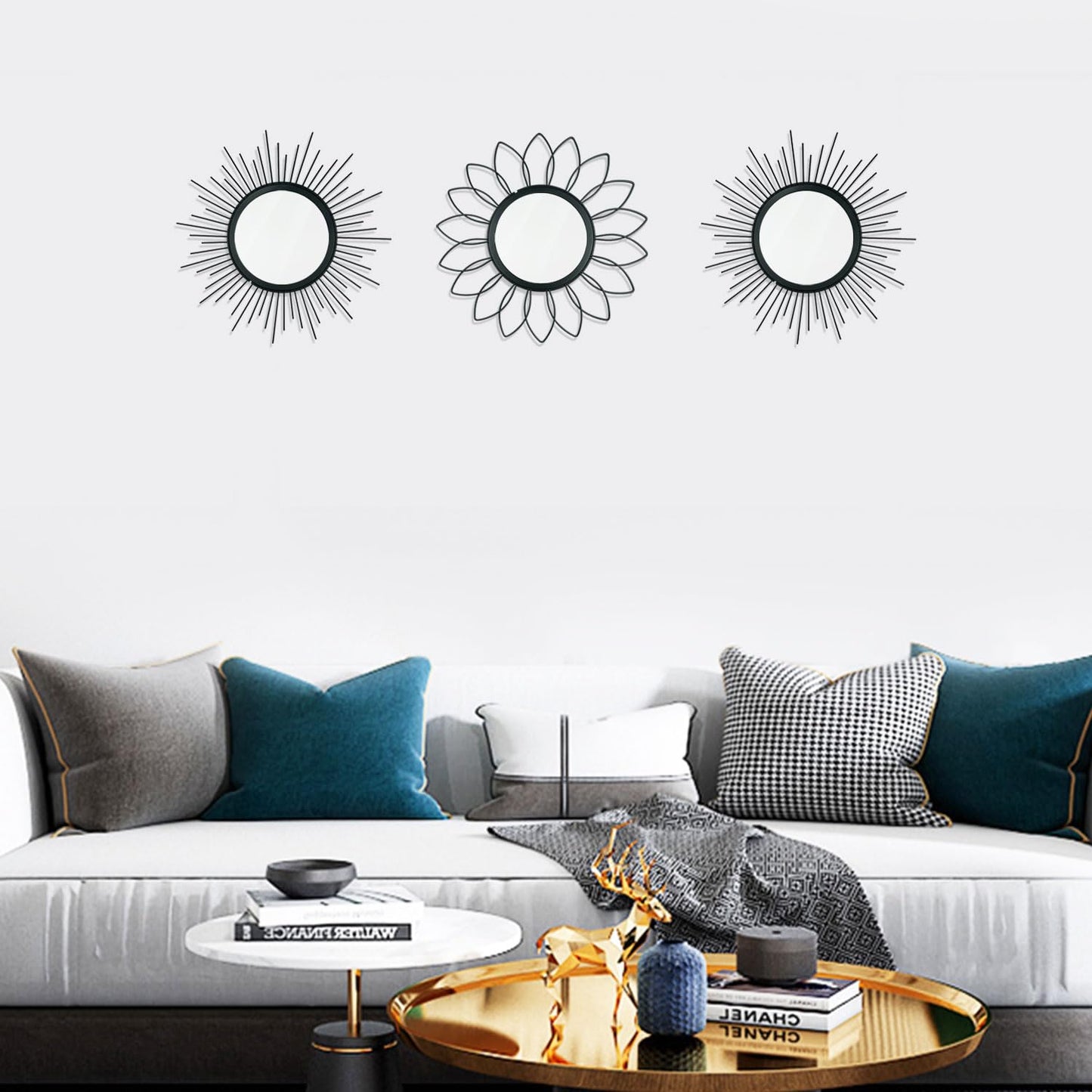 3 Pack Metal Mirrors for Wall Sunburst Wall Mirrors Home Décor Decorative Hanging Wall Art for Living Room Bedroom Entryway (Black, Flower+Sunburst)