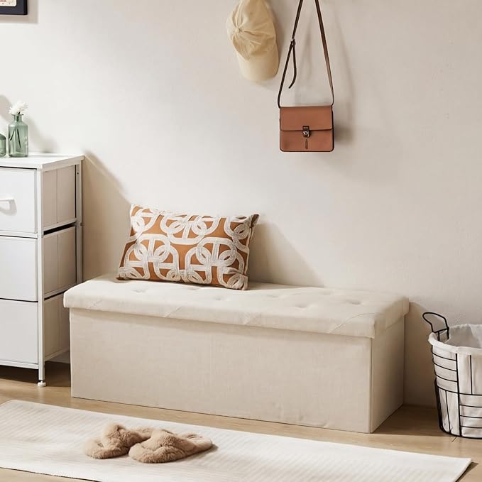 DUMOS 43 Inch Folding Storage Ottoman Bench, Large Hidden Storage Chest withThicker Foam Padded Seat, End of Bed Foot Rest Stool for Bedroom Living Room Entryway, Load 660 lbs, Beige