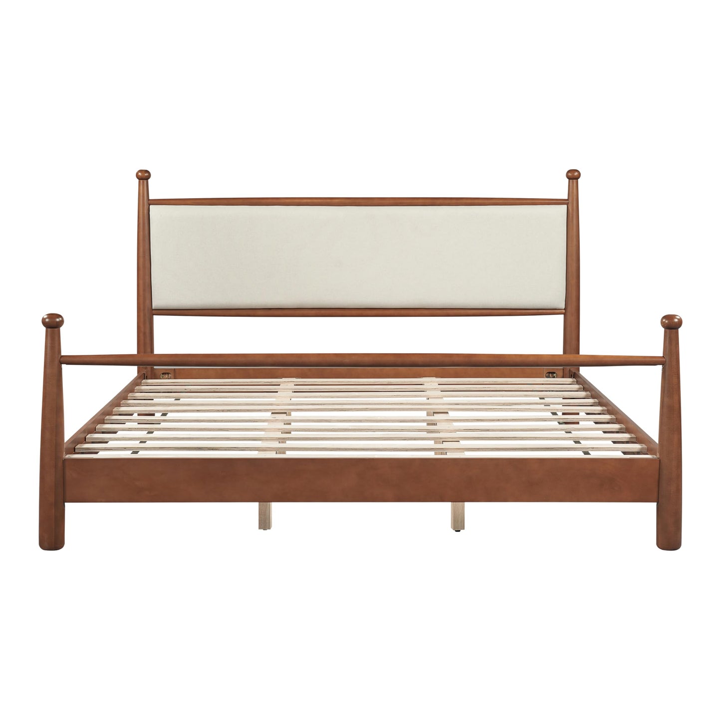 Merax Modern King Size Solid Wood Platform Bed with Upholstered Headboard, Mid-Century Low Bed Frame with Sturdy Wood Legs/No Box Spring Needed/Easy Assembly, Beige+Walnut