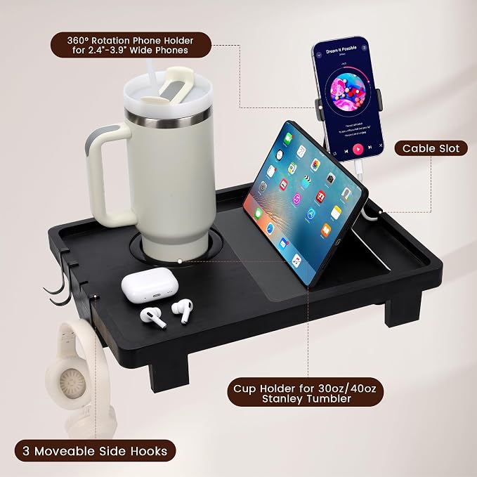 Bedside Shelf for Dorm Bed & Top Bunk, Bamboo Bed Side Table Tray with Cup Phone Holder & Hooks, Bedside Caddy, Clip on Nightstand Bedside Storage College Dorm Room Essentials (Black)
