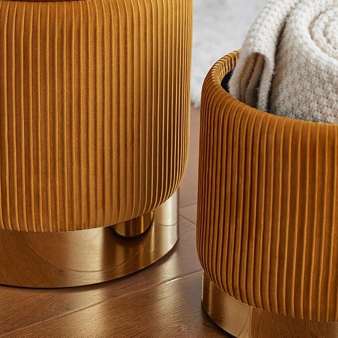 Round Ottoman with Storage Set of 2 Small Ottoman Coffee Table, Vanity Chair Foot Stool, Removable Lid, Hidden Storage, for Living Room, Bedroom, Hallway, Assembly Free (Orange)