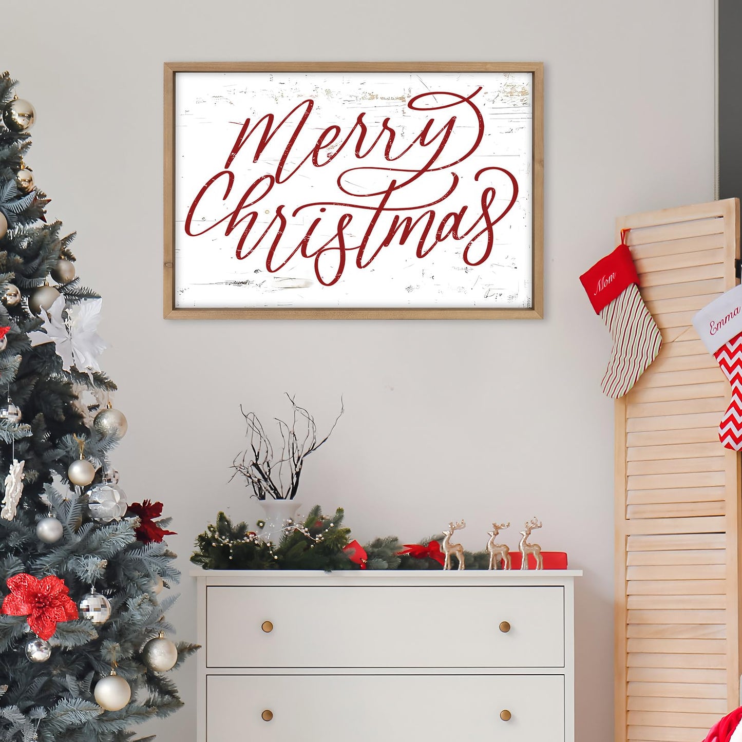 pechpell Merry Christmas Wall Decor Art Framed, 23.6×15.7 Inch Large Wooden Merry Christmas Sign, Xmas Holiday Indoor Living Room Bedroom Office Mantel Rustic Farmhouse Decorations for Home Kitchen