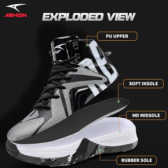 ASHION Mens Basketball Shoes Lightweight Breathable Sneakers Anti Slip Sports Shoes for Running Walking Mid Top Sneakers
