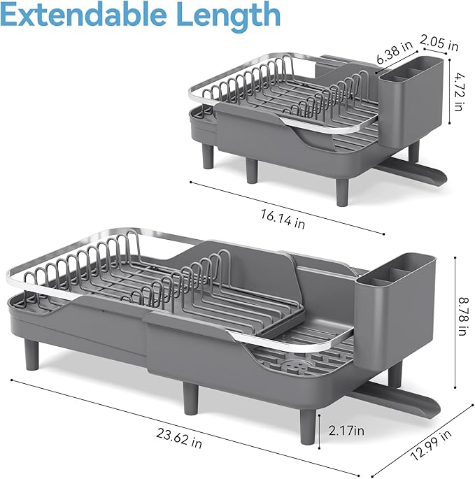 Urackify Dish Drying Rack for Kitchen Counter, Expandable Stainless Steel Dish Racks with Adjustable Water Spout, Space Saving Dish Drainer with Cutlery Holder,16.14"-23.62" L x 12.99" x 8.78",Grey