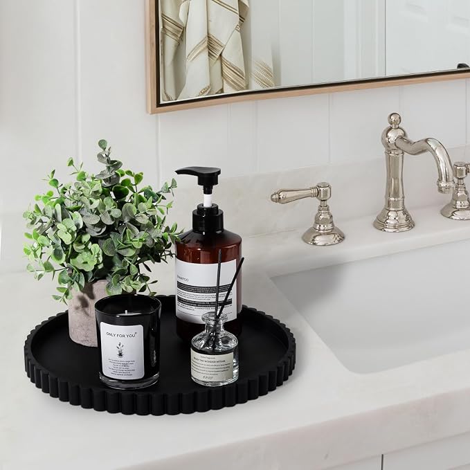 Round Bathroom Tray Silicone Kitchen Counter Decor Vanity Organizer Decorative Coffee Table Tray for Perfume, Candle, Soap Dish, 12 Inch, Black