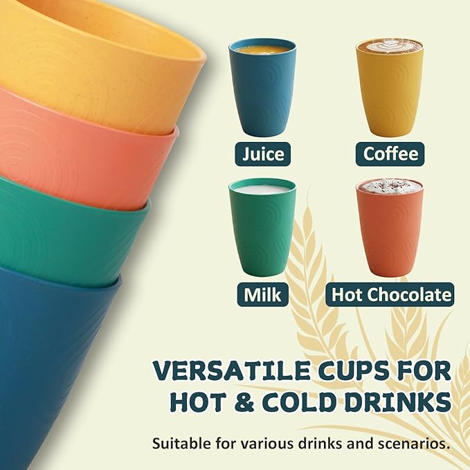 Wrova Wheat Straw Cups Set of 8, 12oz Kids Cups Unbreakable Drinking Cups Alternative to Plastic Cups Reusable, Dishwasher Safe Water Tumbler Set for Kitchen,Camping- Vibrant