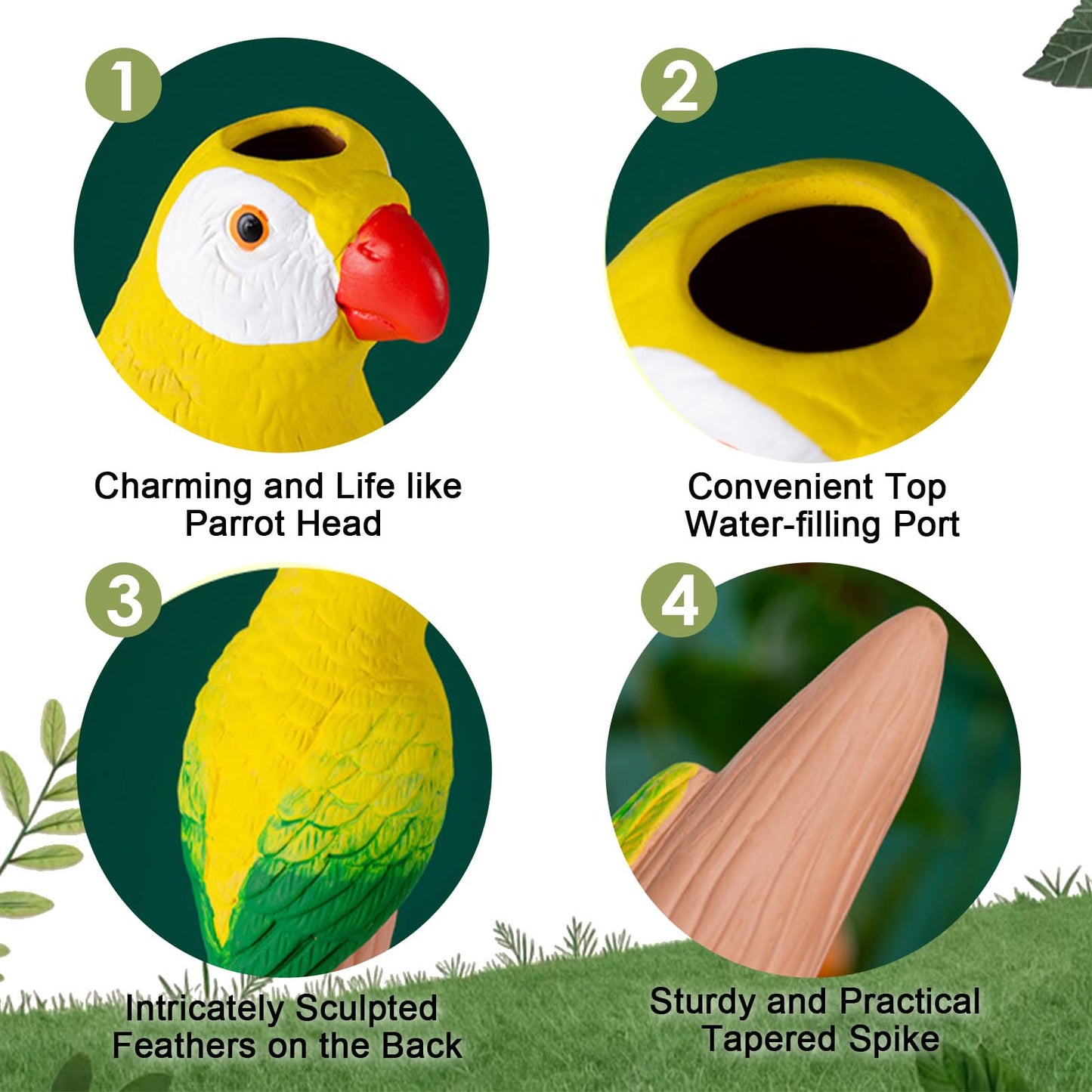 MCleanPin 4 Pack Self Watering Spikes and Globes, Handmade Terracotta Parrot Self-Watering Plant Devices with Slow Release System, Automatic Plant Water Bulbs for Indoor and Outdoor Garden Vacation