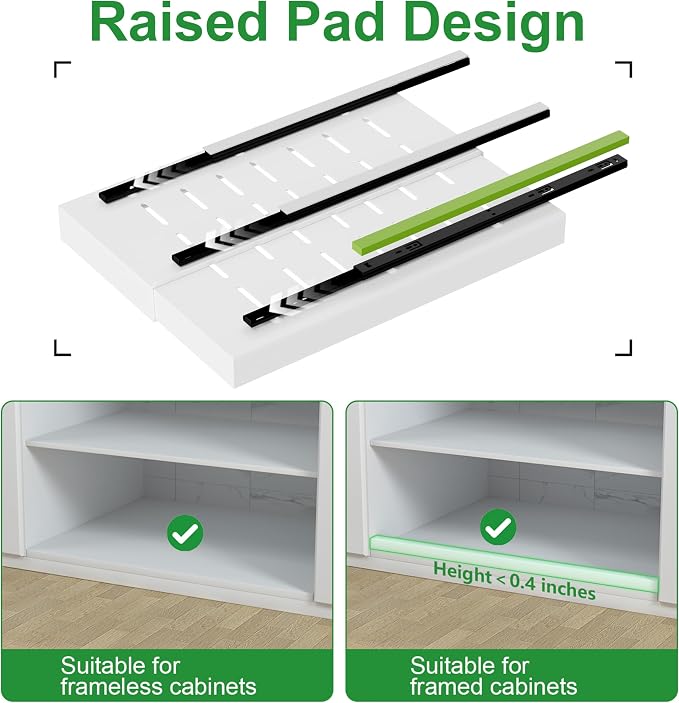 PAKETA 4 Pack Expandable Pull Out Cabinet Organizer, 21'' Deep Pull Out Drawers for Cabinet, Upgrade 3 Slide Rails Sliding Drawers for Cabinets with Adhesive Nano Film (White, 21"D X 9-14"W)