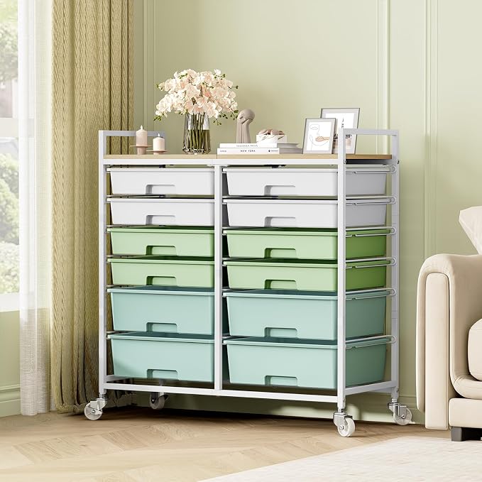 Rolling Storage Cart with 12 Drawers, Wooden Tabletop Utility Cart for Craft Storage, Art Supply Storage & Home Office Organization, Teacher Cart with Wheels for Classroom Organization, School (Green)