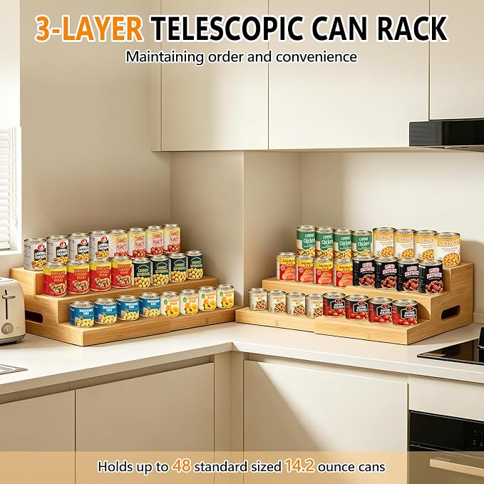 2 Pack Bamboo Expandable Can Rack Organizer for Pantry, Stackable 3 Tier Canned Food Organizers and Storage, Kitchen Cabinet, Food Can Holders Dispensers for Pantry Up To 48 Cans