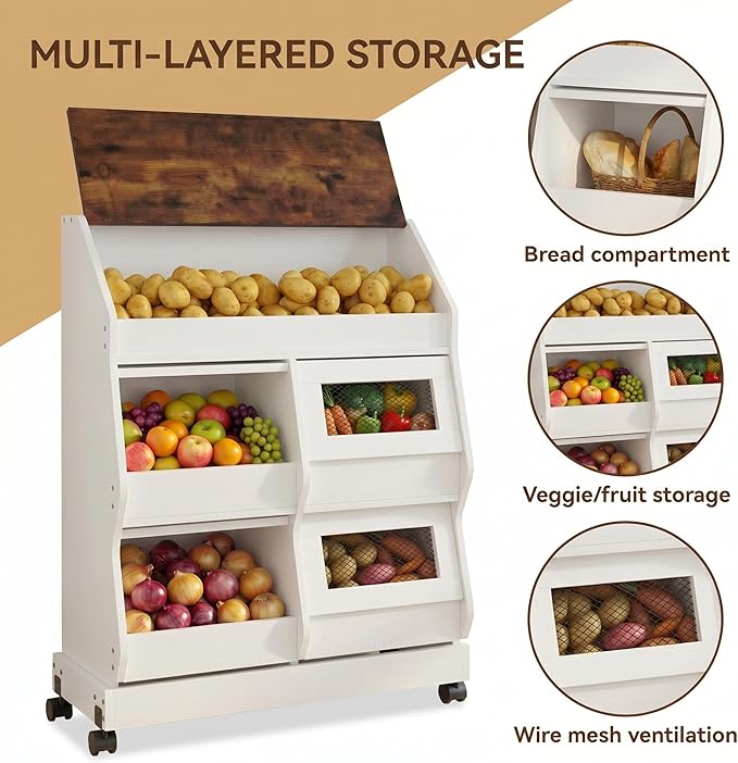 ARTETHYS Potato and Onion Storage Bin with Wheels, 3 Tier Bread Container with Lid, Ventilated Vegetable Organization Cabinet for Kitchen