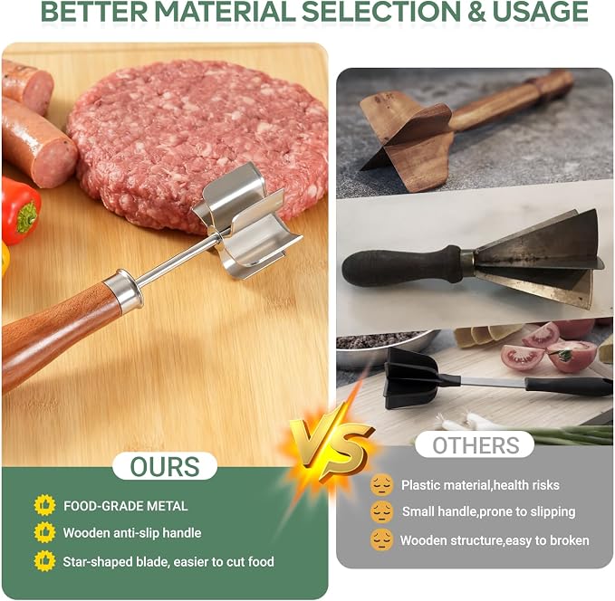 Stainless Steel Meat Chopper & Masher - Heavy Duty 6 Curve Blades Ground Beef Chopper Tool with Wooden Handle, Heat Resistant Meat Masher, Hamburger Smasher & Multi-Use Kitchen Tool