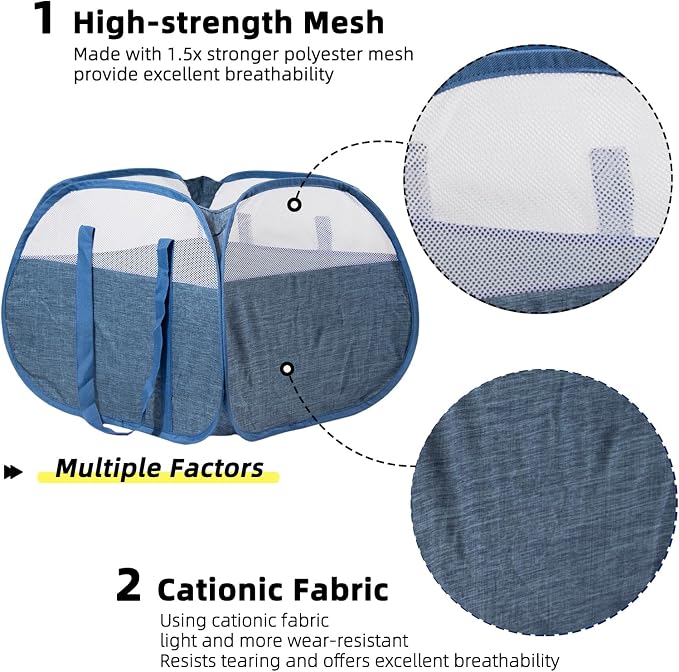 Collapsible Laundry Basket, 90L Foldable Pop-up Laundry Hamper with Reinforced Handles, Tear Proof Mesh Dirty Clothes Hamper for Laundry (Blue)