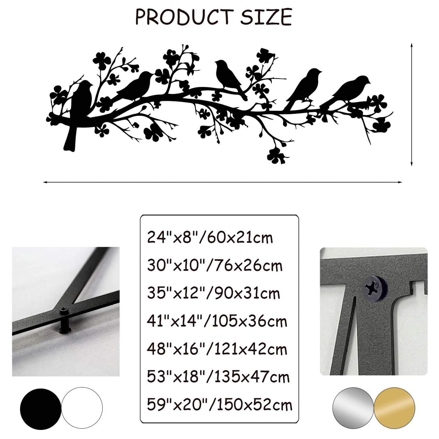vinwipe Birds on Branch Metal Wall Decor, Metal Birds Wall Art, Bird on Flower Branch Wall Art, Nature Wall Decor, Flowers Wall Decoration, Farmhouse Bedroom Wall Hanging (Gold, 48"x16"/121x42cm)