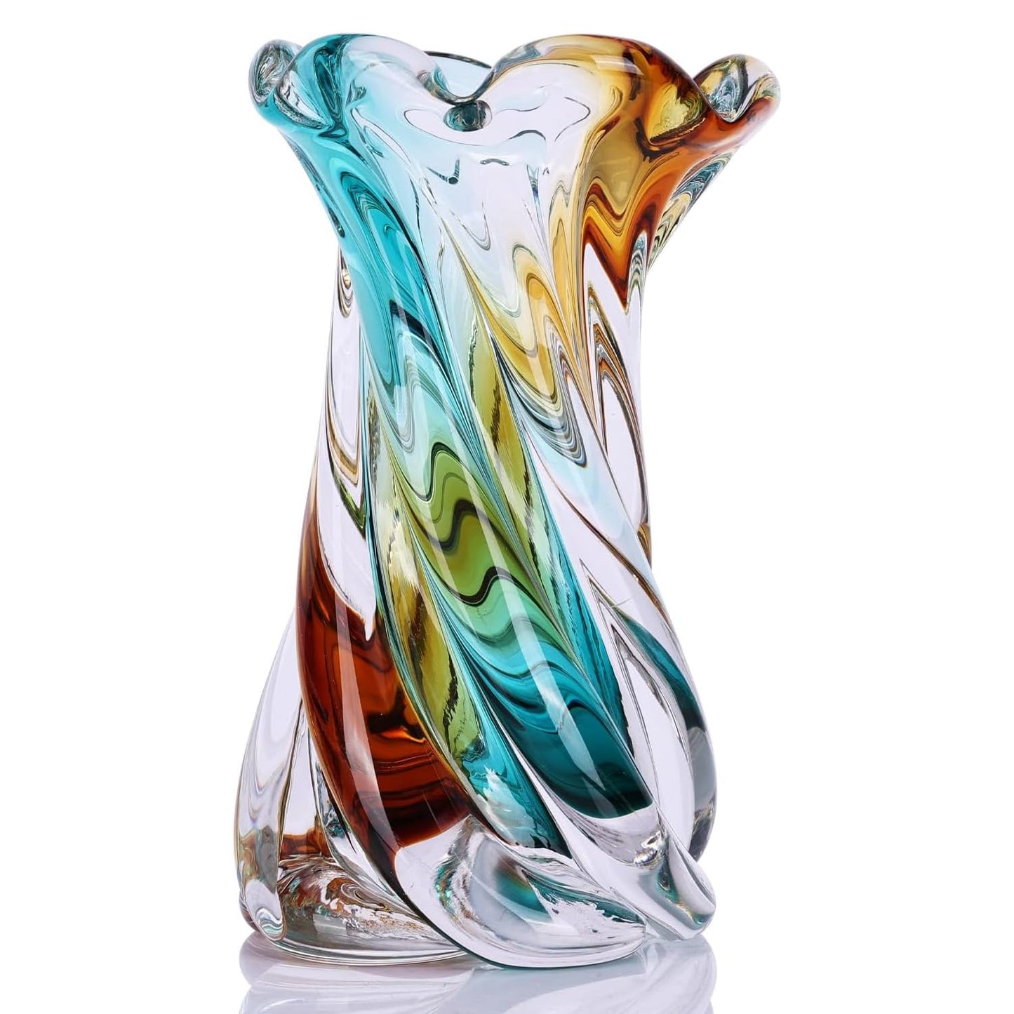 Hand Blown Glass Vase with Swirl Ribbon Design, Flared Opening for Flower Arrangements, Decorative Centerpiece for Home Decor, Birthday Housewarming Gift (Blue)