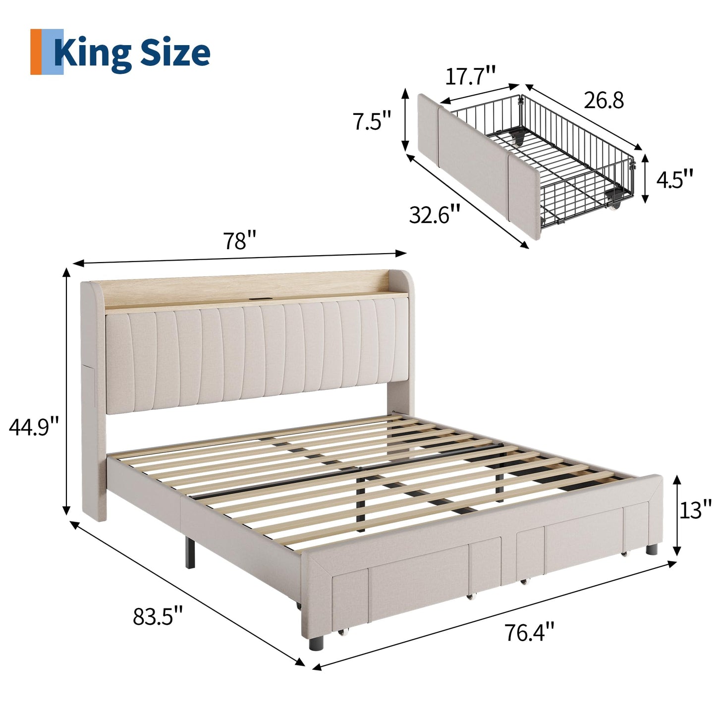 Garvee Upholstered Bed Frame King Size with Storage Headboard and Charging Station, Platform Bed Frame with Drawers, Heavy Duty, No Box Spring Needed, Easy Assembly, Beige