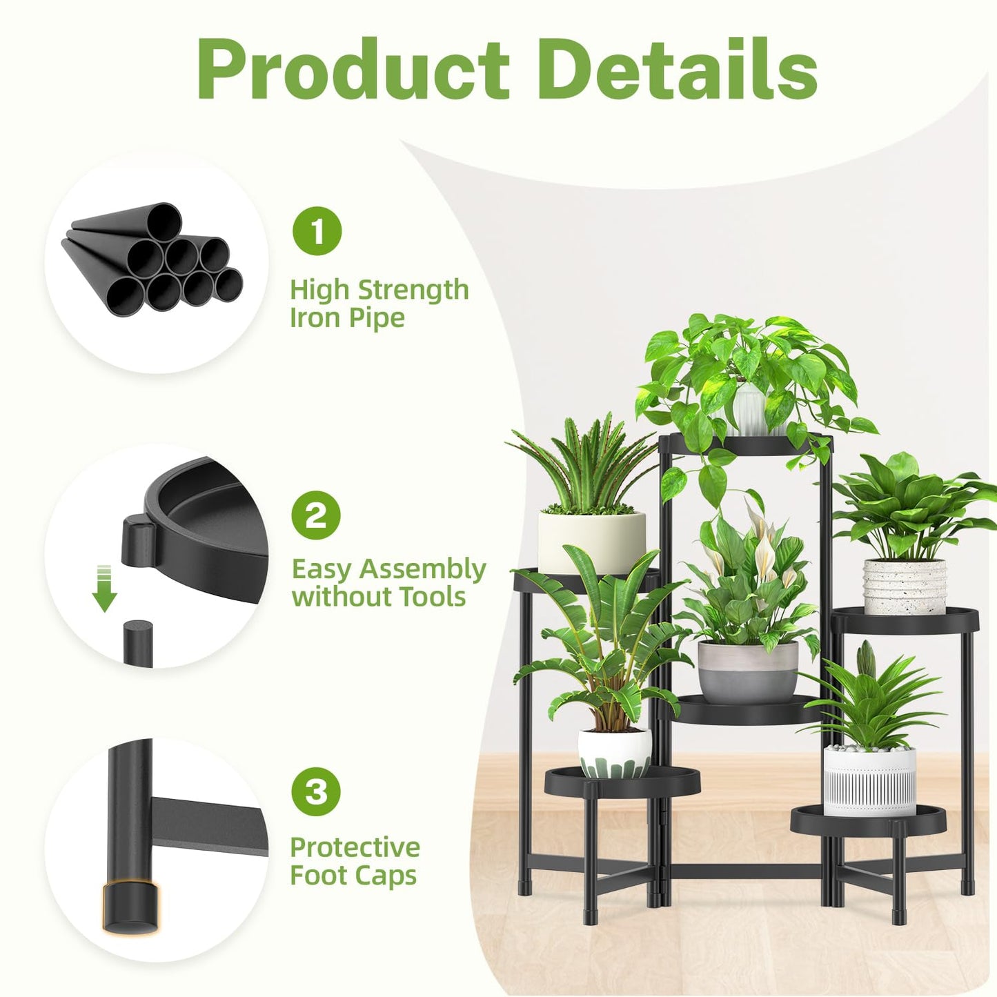 iDavosic.ly 6 Tier Folding Plant Stand Indoor Outdoor with Plastic Tray, Tiered Corner Flower Holder Shelf, Metal Orchid Display Rack for Patio Porch Living Room Garden Balcony, Modern Black