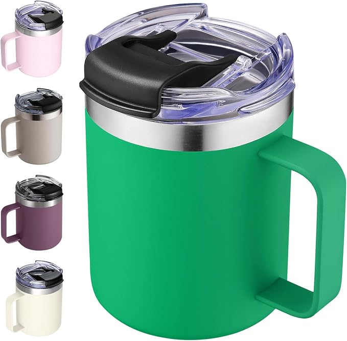 12 oz Insulated Coffee Mug Cup with Handle, Stainless Steel Travel Coffee Mug with Flip Lid, Double Wall Vacuum Coffee Tumbler, Meadow