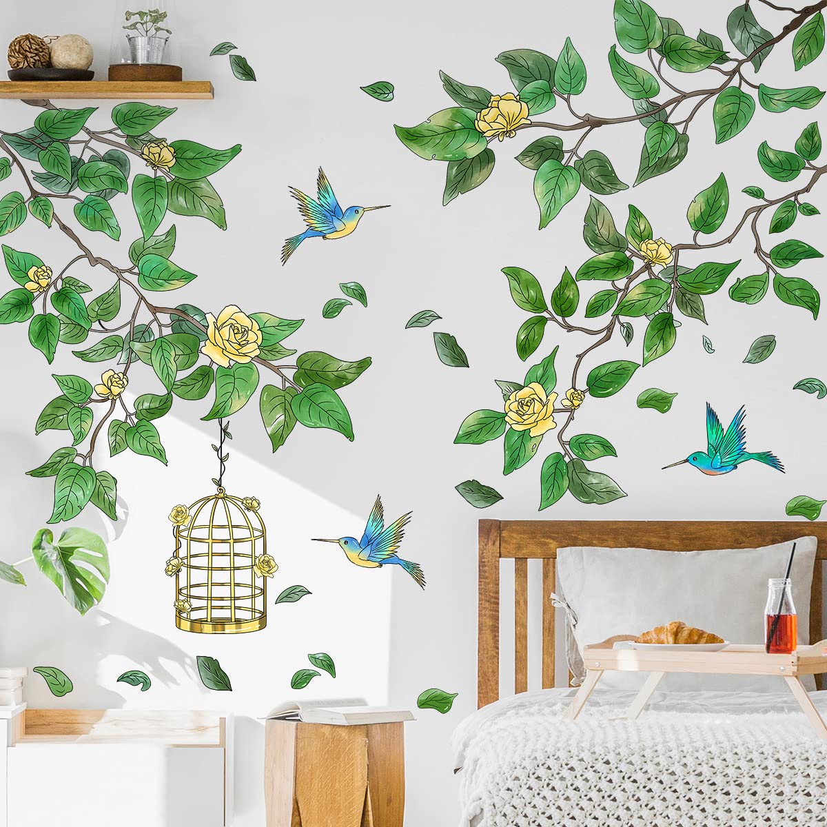 Amaonm Removable PVC Two Tree Branches With Green Leaves wall Sticker DIY Peel and Stick Flower and Birds Wall Decals Decor for Kids Girls Boys Bedroom Living Room Nursery Classroom Playroom Wall Background Decoration