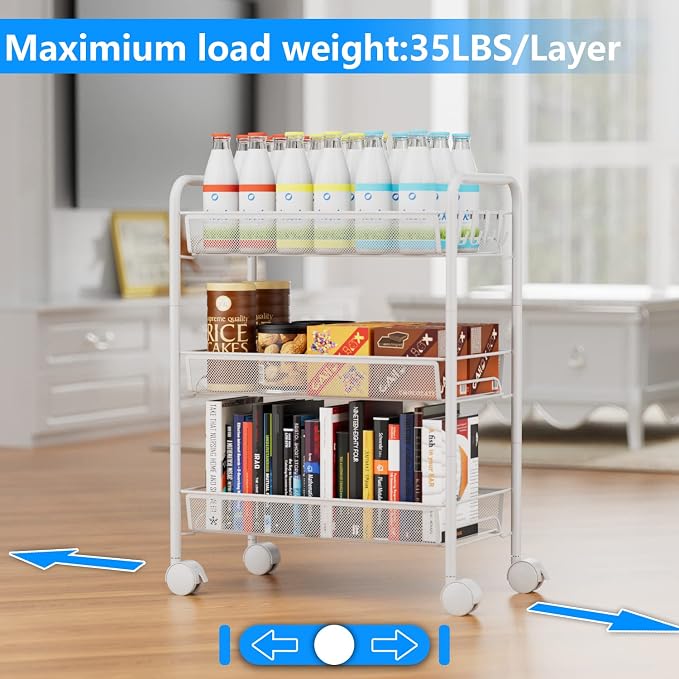 3-Tier Mesh Rolling Cart - 24.8" H Fits Under Desk Metal Cart with Wheel | Hold 35bls/Tier Small Space Storage Organizer Crafts Utility Cart for Office Pantry Bathroom Kitchen Laundry White