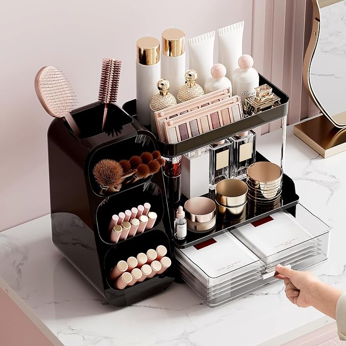 UFORU Makeup Organizer for Vanity with Brush Holder, 2 Tiers Countertop Skincare, Cologne Organizer and Perfume Stand for Men Bathroom Vanity, Large Capacity Makeup Storage, Black