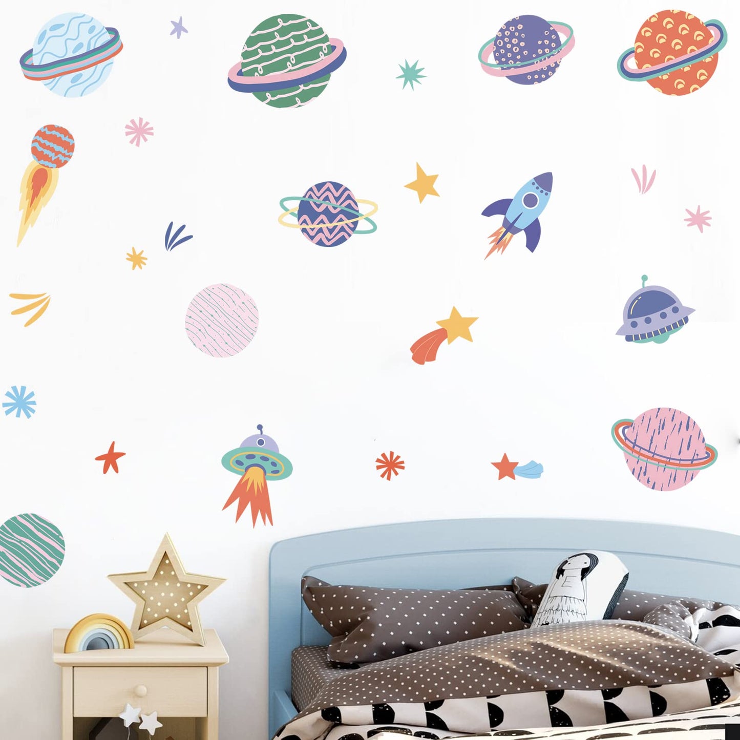 Solar System Galaxy Space Wall Decals Peel and Stick - Rocket Spaceship Star Planets Wall Stickers Removable Vinyl Decals - Aerospace Outer Space Wall Decor for Nursery Playroom Boys Bedroom Kids Room