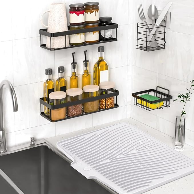 TIKNIK Silicone Dish Drying Mat for Kitchen Counter - Heat Resistant & Non-Slip Dish Drain Pad with Built-In Drain, Dishwasher Safe, Quick-Dry, Hangable & Roll-Up for Storage, White-1pcs, 20" x 15"