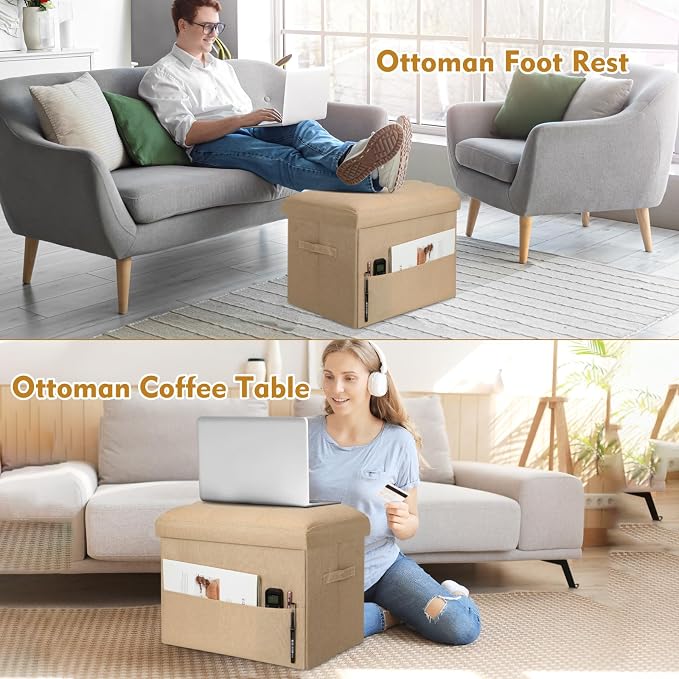 BelugaHelper Ottoman with Storage, Small Storage Ottoman Foot Rest with Thicker Foam Padded Seat. Foldable Linen Cloth Foot Stool for Living Room Bedroom, Holds Up to 300 lbs, 17x13x13IN(Beige)