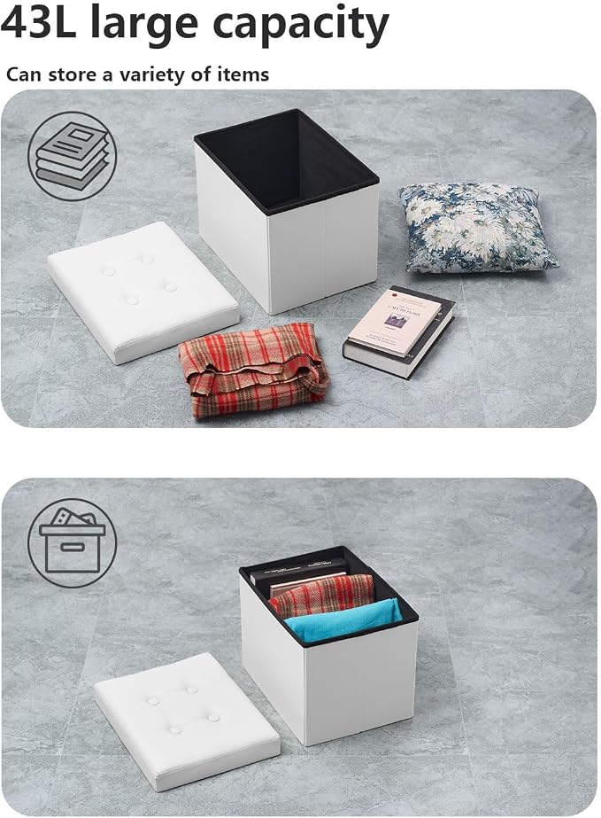 Bsketa Folding Storage Ottoman, Foot Stool with Thicker Foam Padded Seat Small Leather Storage Ottoman Bench Foot Rest for Living Room Foldable Coffee Table 17x13x13in,White