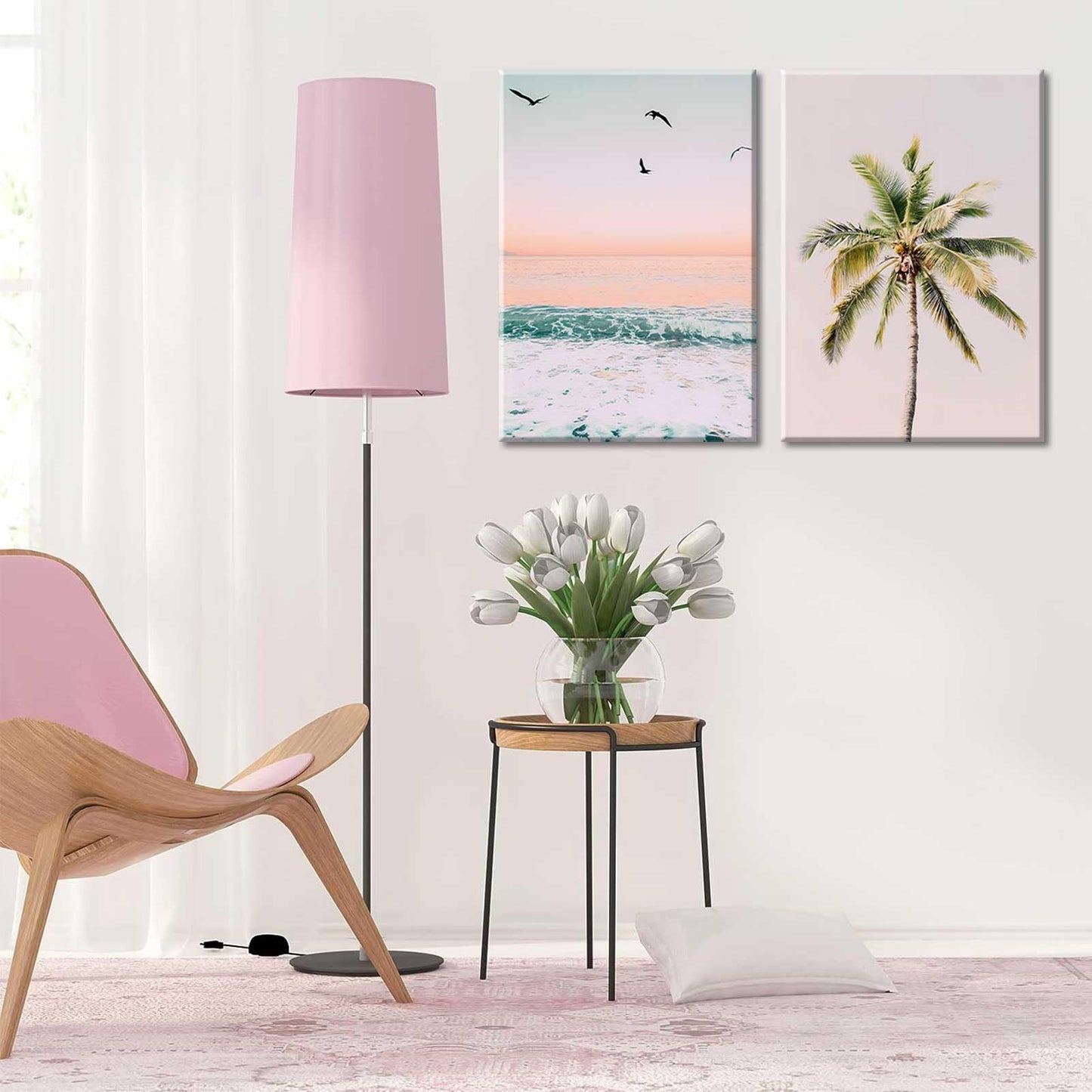 2Pcs Framed Pastel Beach Wall Art Tropical Palm Tree Canvas Posters Prints Coastal Ocean Wall Decor Pictures Summer Beach Theme Bedroom Living Room Decoration, 12x16 Inch
