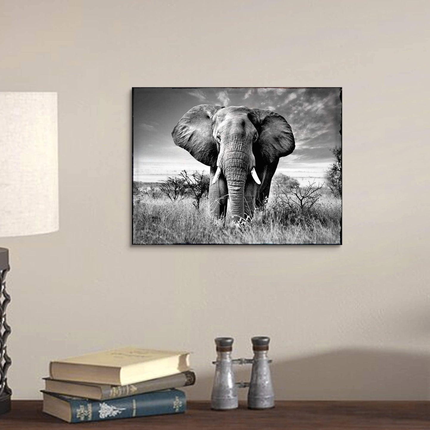 SunFlax Wild Elephant Canvas Wall Art: African Animals Picture Safari Landscape Painting Modern Artwork Black and White Print for Living Room Bedroom Bathroom Ready to Hang