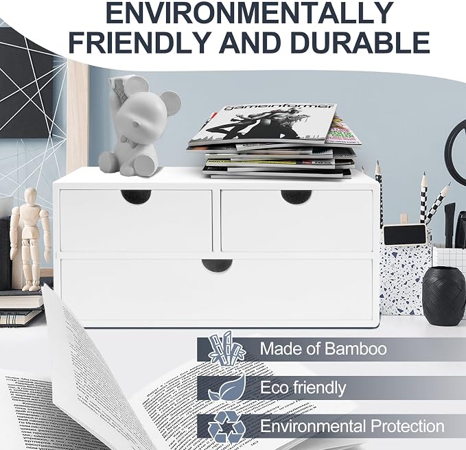 Charmewooden desk organizer with drawers countertop drawer organizer Tabletop Storage Organization Box Home Office Workspace Bathroom Toiletries Supplies (white)