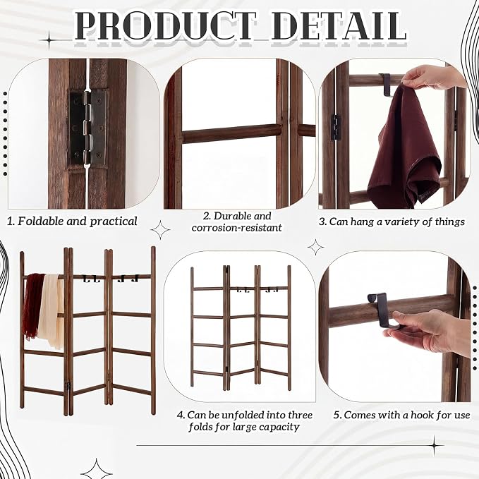 CroBlissful 3 Panel Blanket Ladder, 56.7" H Rustic Wood Quilt Display Rack, Foldable Free Standing Towel Ladder with 9 Hooks, Decorative Blanket Holder for Living Room Bedroom Bathroom Farmhouse Decor