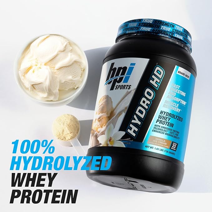 BPI Sports Hydro HD - 100% Hydrolyzed Whey Protein Powder - Muscle Growth, Recovery, 25g of Hydrolyzed Protein, Low Carb, Low Sugar, Fast Absorbing (23 Servings, Vanilla Ice Cream)
