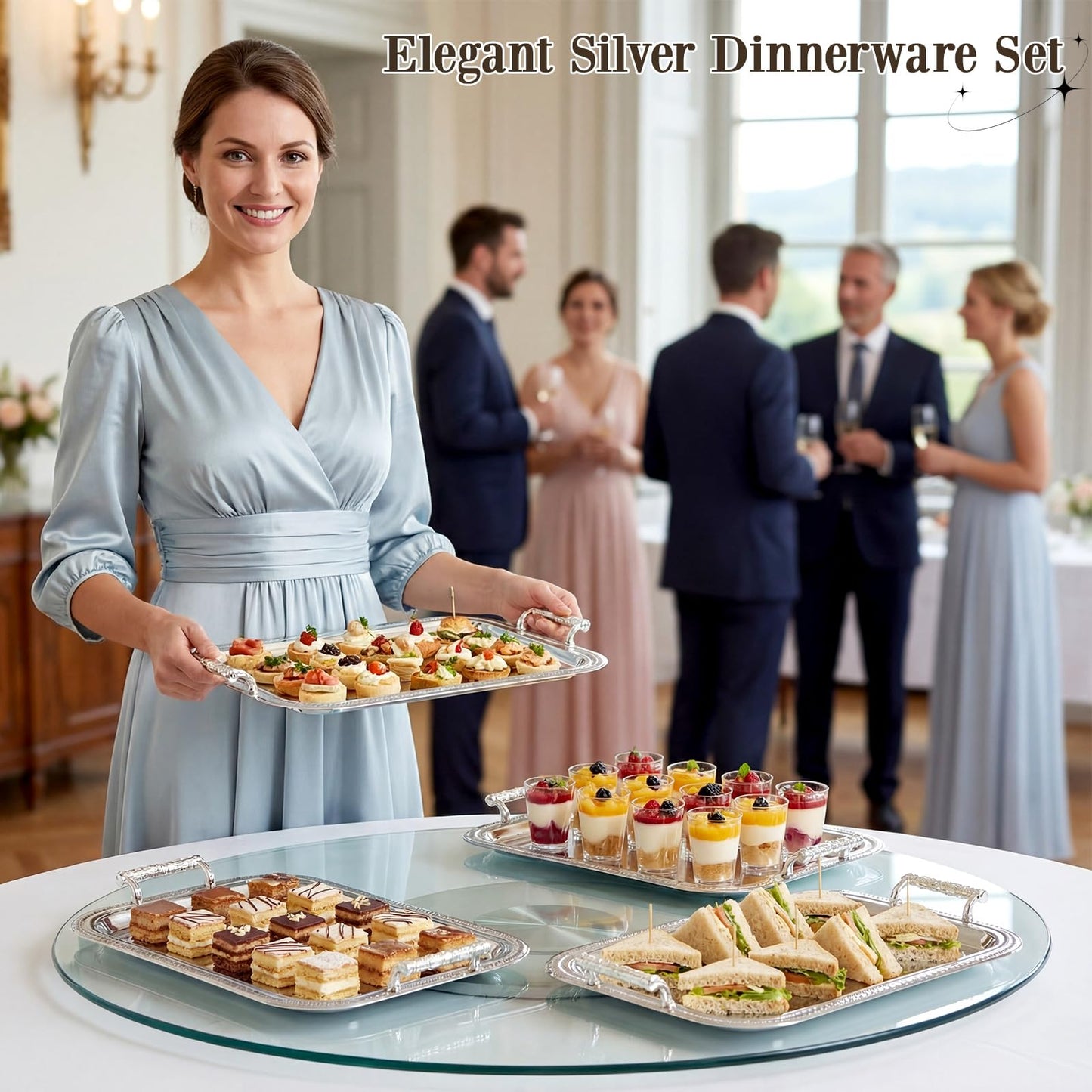 Teecyhooo 4 Pack Stainless Steel Serving Tray with Handle, 16 x 11.4 Inch Large Silver Plate Elegant Floral Metal Platter Tableware for Buffet Wedding Birthday Decorative