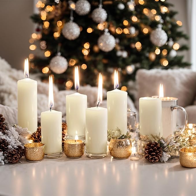 MTLEE Set of 72 Ivory Pillar Candles 2 x 3, 2 x 6, 2 x 8 Inch Smokeless and Dripless Unscented Large Candles Long Clean Burning Rustic Pillar for Wedding Dinner Home Decor