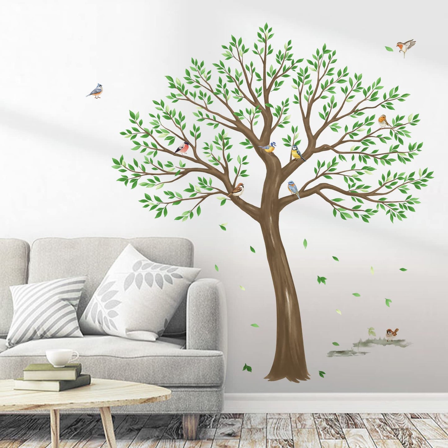 wondever Large Tree Wall Stickers Green Leaves Birds Peel and Stick Wall Decals for Living Room Bedroom TV Wall (H: 63inches)