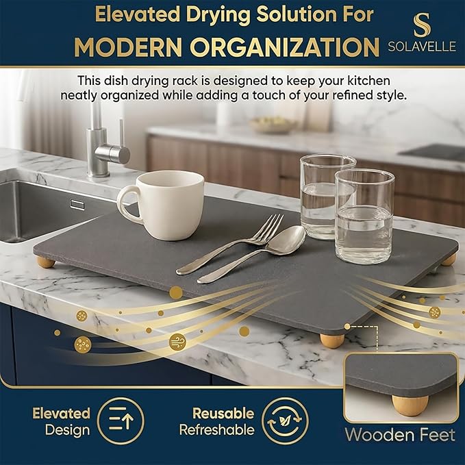 Stone Drying Mat for Kitchen Counter with 5 Wooden Feet &Bamboo Rack | 19.7"×15.7" Diatomaceous Earth Dish Drying Mat, Elevated Drying Stone Mat for Modern Kitchen Countertop