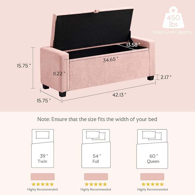 GRAINELL Storage Ottoman Bench, Upholstered Tufted Bedroom Bench with Storage, End of Bed Storage Bench for Living Room & Entryway, 350 lb Capacity, Linen Pink