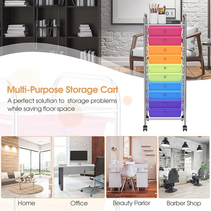 MEDIMALL 10 Drawers Rolling Storage Cart, Multipurpose Craft Storage Cart with Wheels, Mobile Tools Scrapbook Paper Organizer Cart for Office School Home Use (Rainbow)