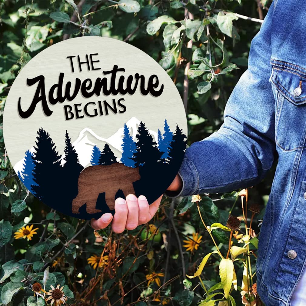 LHIUEM The Adventure Begins Wooden Hanging Sign,Woodland Wall Decor,Bear Mountain Inspirational Quotes Wooden Sign For Home Cabin Decor,Forest Camping Sign (12”X 12”)